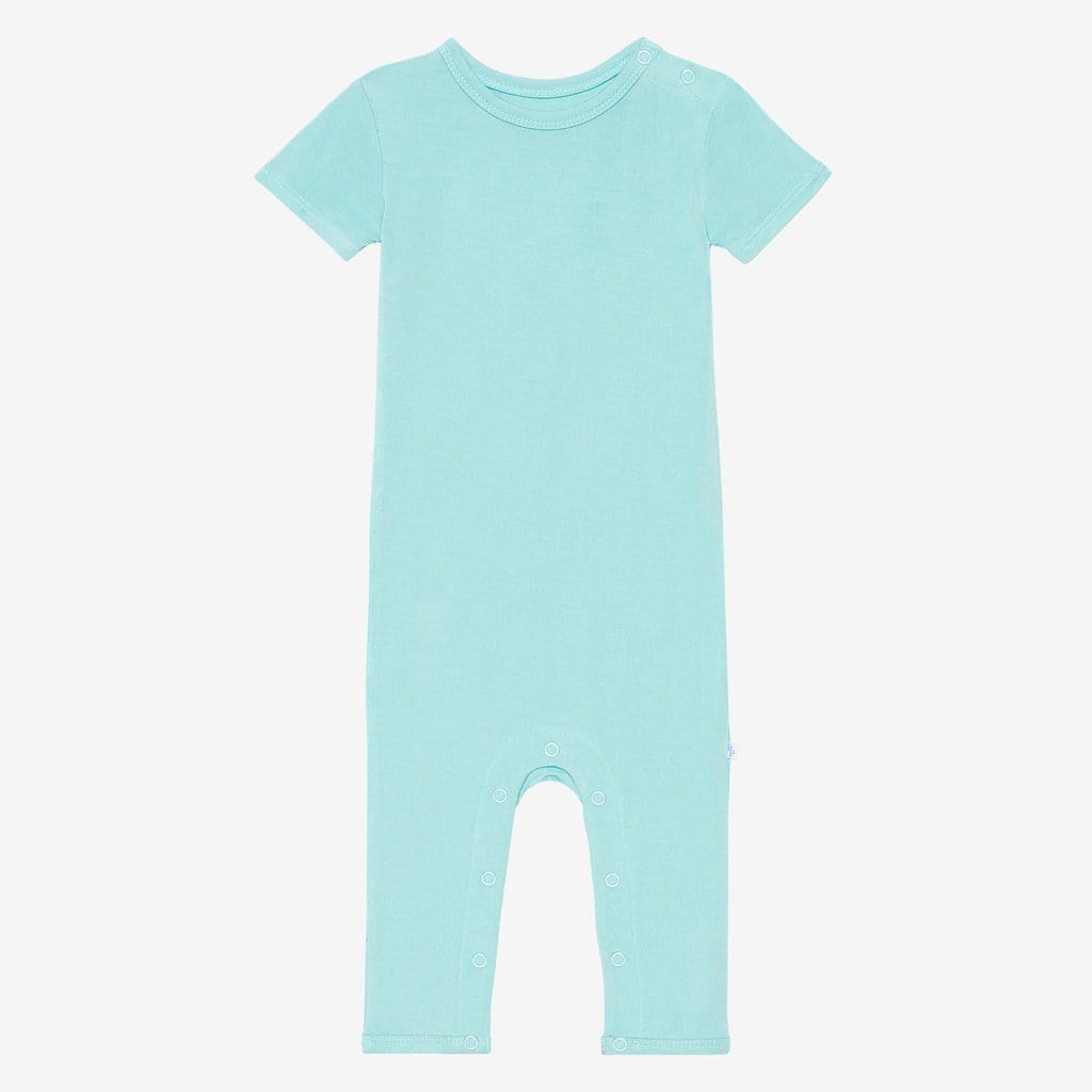 Front of pool blue short sleeve romper