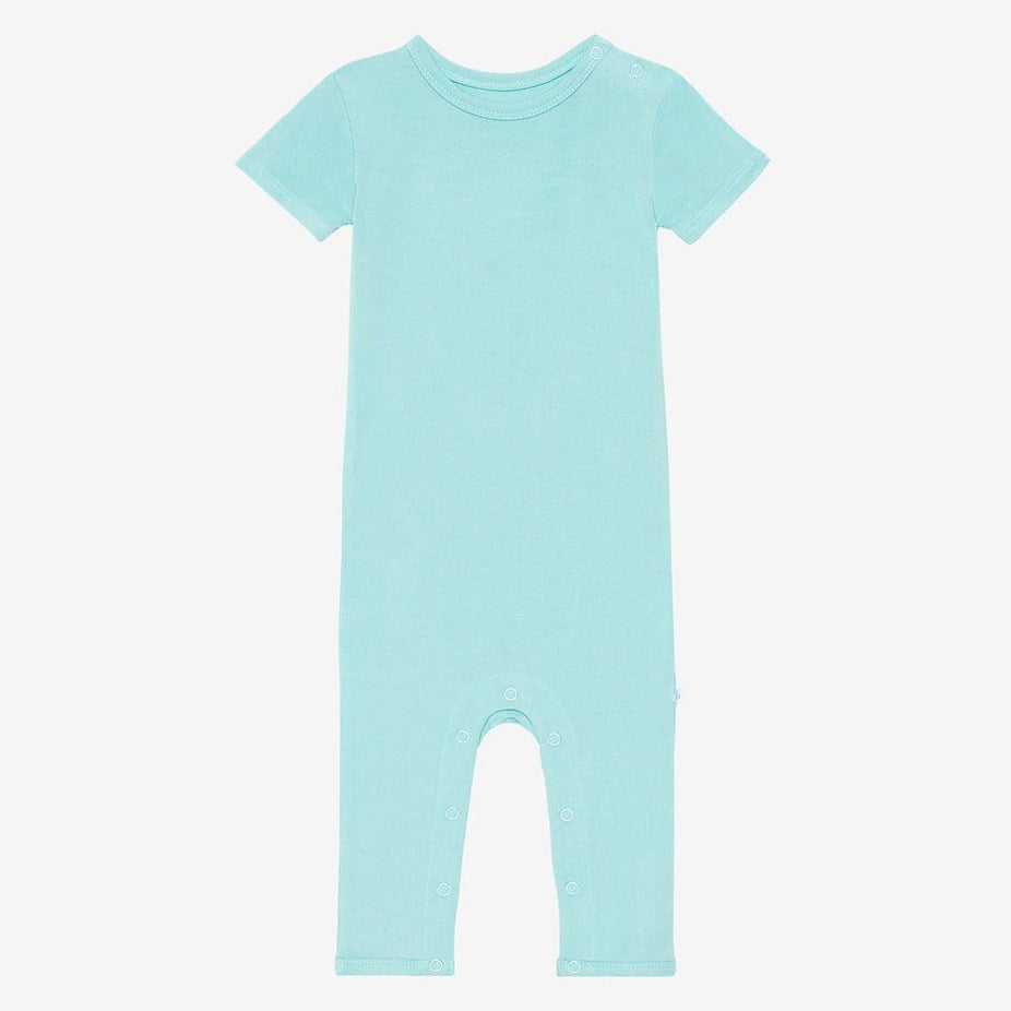 Front of pool blue short sleeve romper