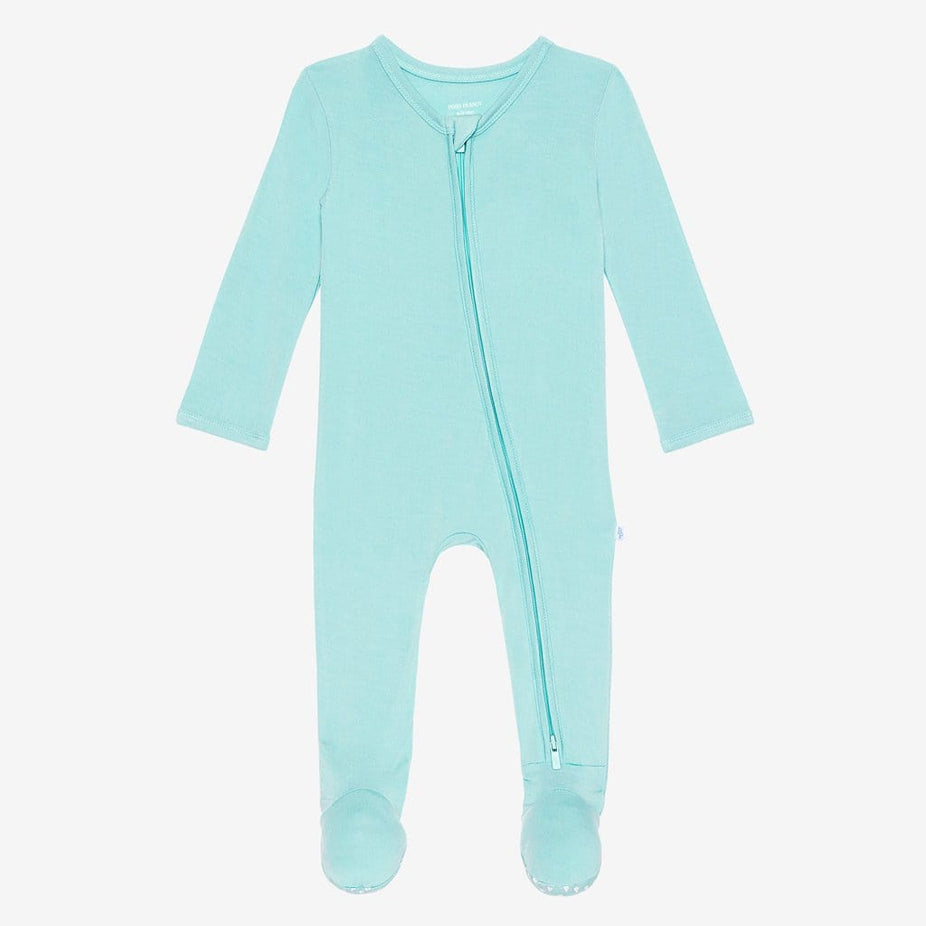 Front of pool blue footie zippered one piece