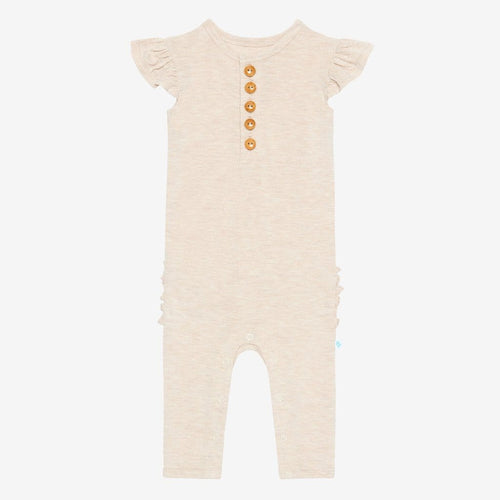 Tan Heather Ruffled Cap Sleeve Henley Romper