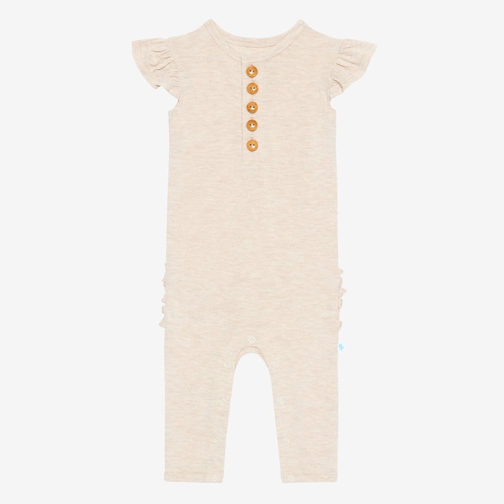 Tan Heather Ruffled Cap Sleeve Henley Romper