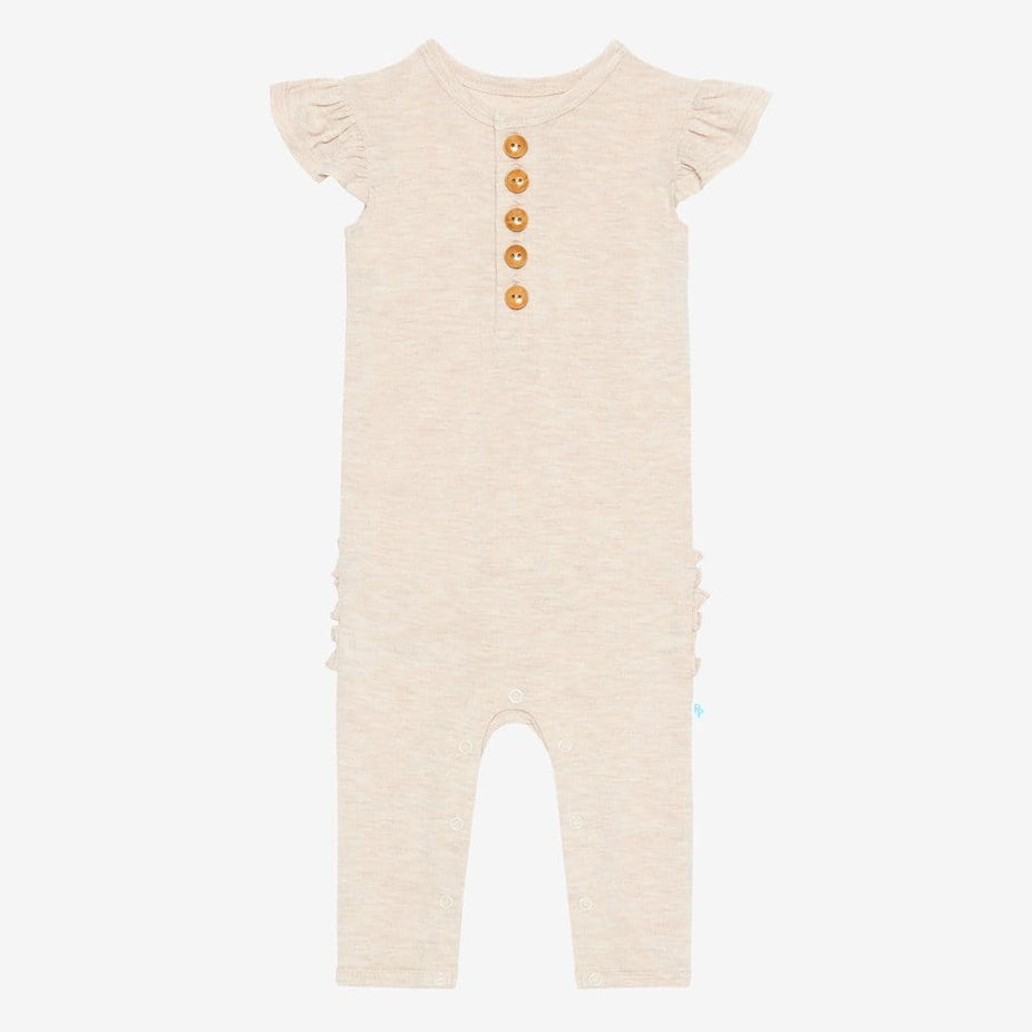 Tan Heather Ruffled Cap Sleeve Henley Romper