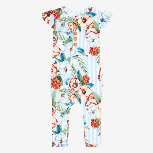 Victoria ruffled cap sleeve henley romper