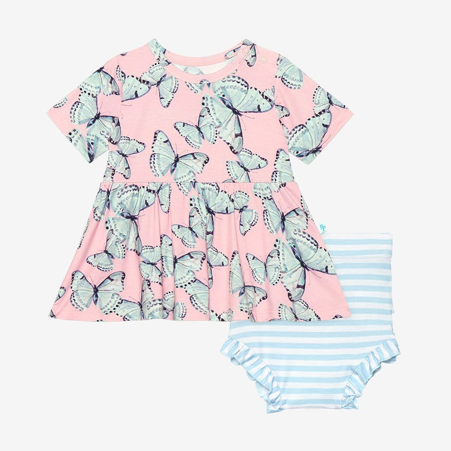 Beatrice Short Sleeve Peplum Ruffled Bummie Set with butterfly pattern
