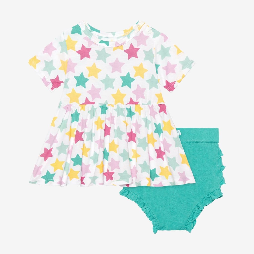 Crissy Short Sleeve Peplum Ruffled Bummie Set with star pattern