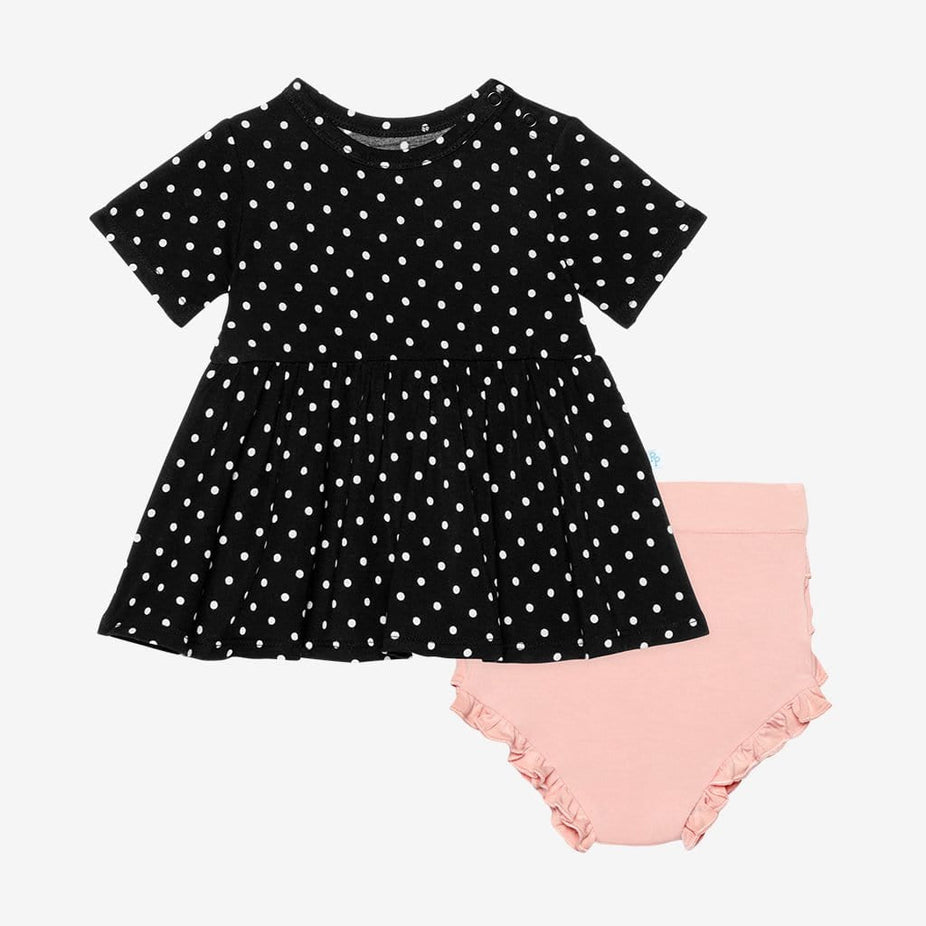 Lilly Short Sleeve Peplum Ruffled Bummie Set with polka dots pattern