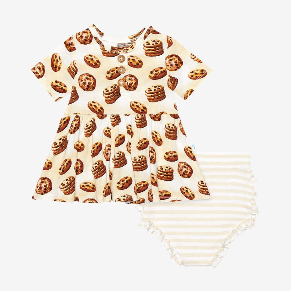 Chip Short Sleeve Henley Peplum Ruffled Bummie Set with cookie pattern