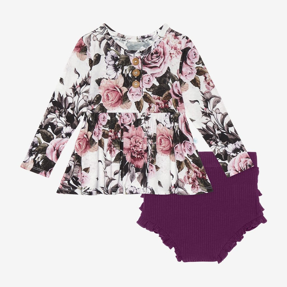 Rima Long Sleeve Henley Peplum Ruffled Bummie Set