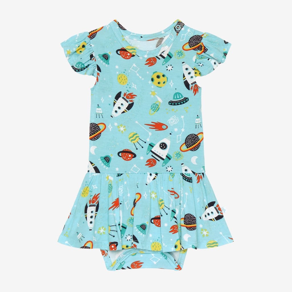 Cosmo Ruffled Cap Sleeve Twirl Skirt Bodysuit with rocket and planet pattern