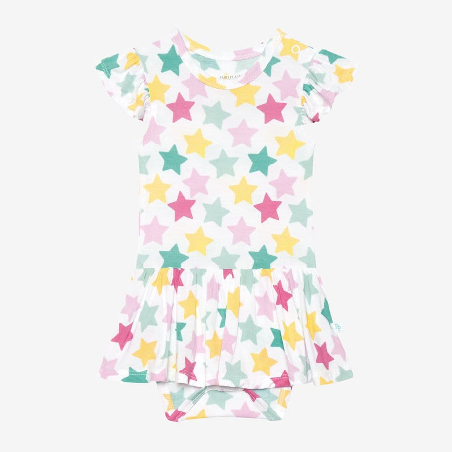 Crissy Ruffled Cap Sleeve Twirl Skirt Bodysuit with star pattern