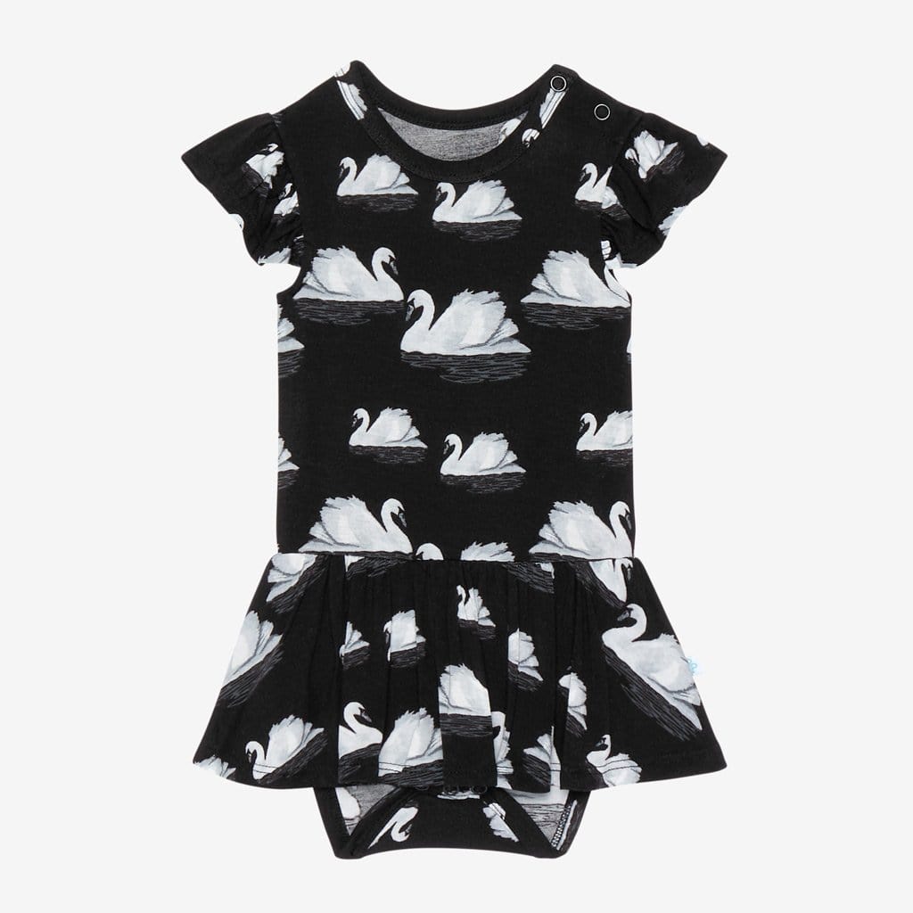 Leia Ruffled Cap Sleeve Twirl Skirt Bodysuit with swan pattern