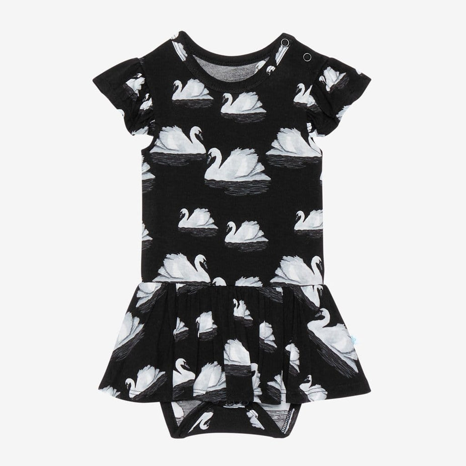 Leia Ruffled Cap Sleeve Twirl Skirt Bodysuit with swan pattern