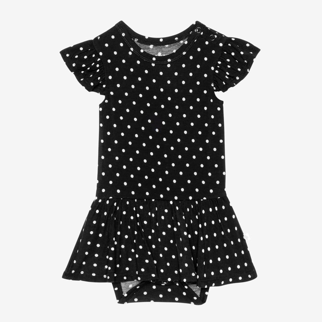 Lilly Ruffled Cap Sleeve Twirl Skirt Bodysuit with polka dots pattern