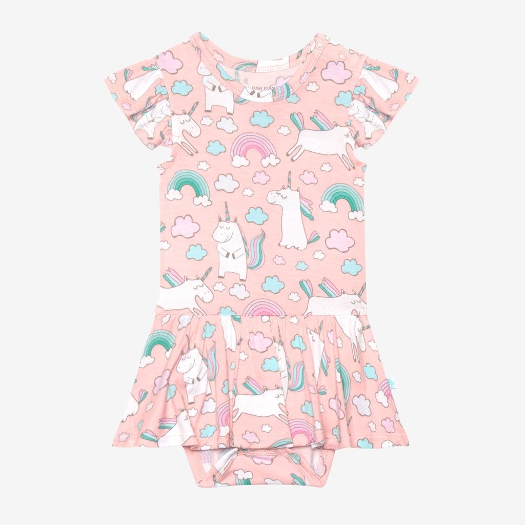 Olive Ruffled Cap Sleeve Twirl Skirt Bodysuit with unicorn pattern