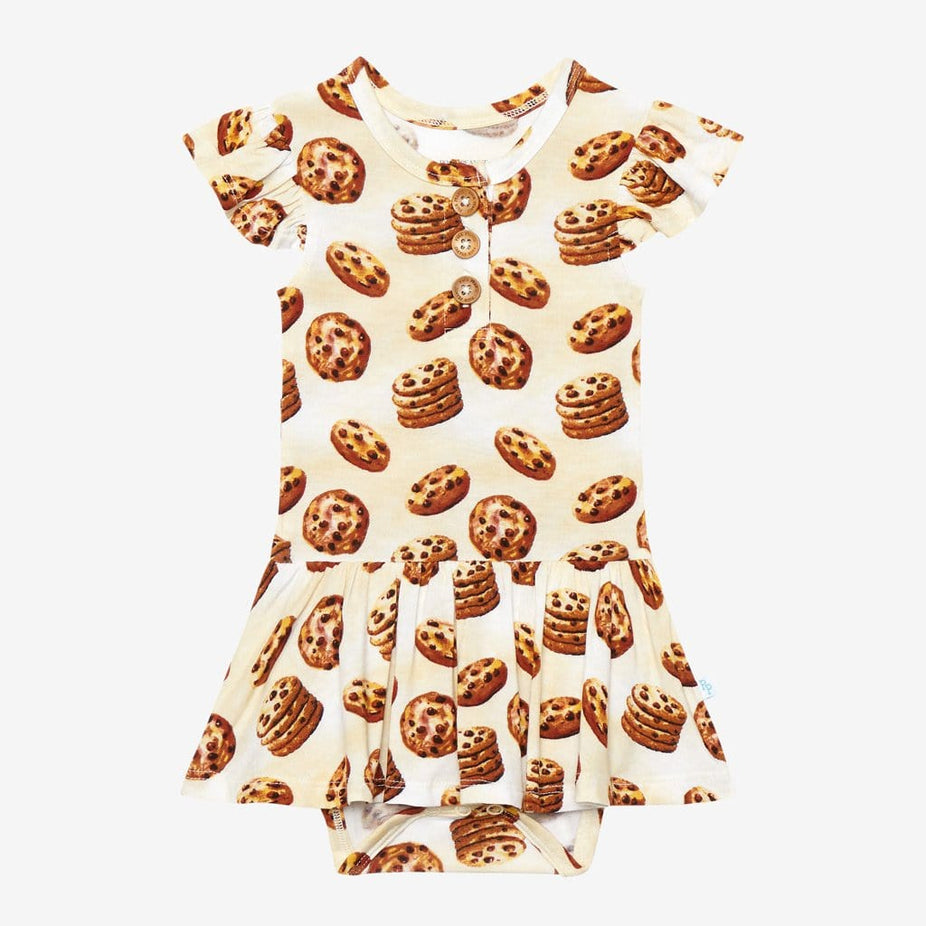 Chip Ruffled Cap Sleeve Henley Twirl Skirt Bodysuit with cookie pattern