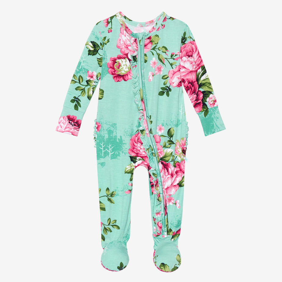 Aqua Floral Footie Ruffled Zippered One Piece