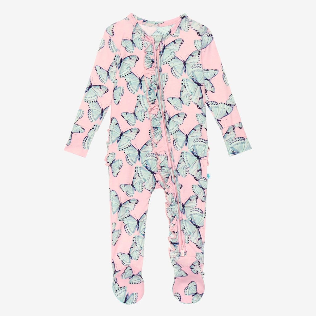 Beatrice Footie Ruffled Zippered One Piece with butterfly pattern