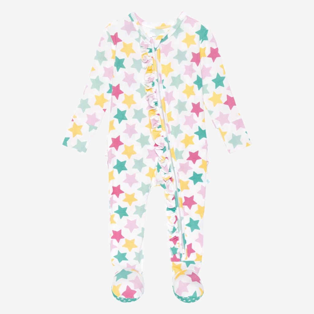 Crissy Footie Ruffled Zippered One Piece with star pattern