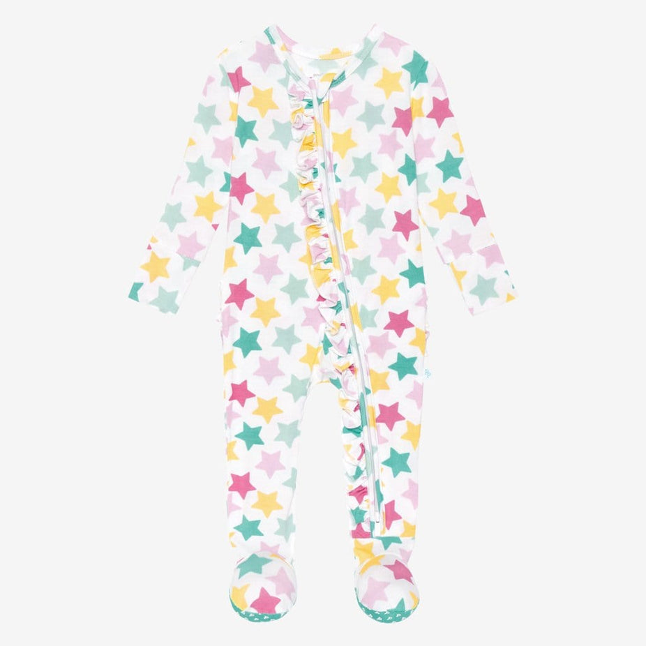 Crissy Footie Ruffled Zippered One Piece with star pattern