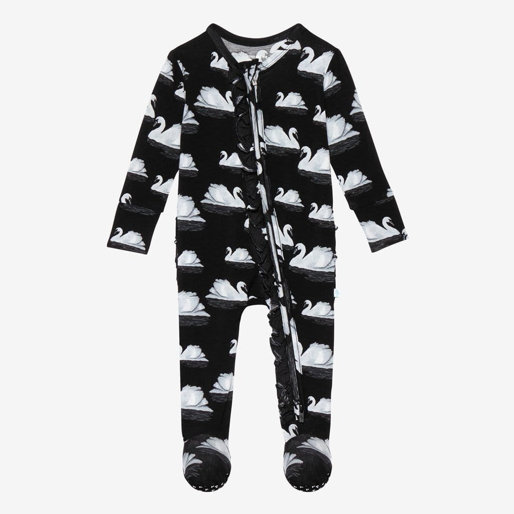Leia Footie Ruffled Zippered One Piece with swan pattern