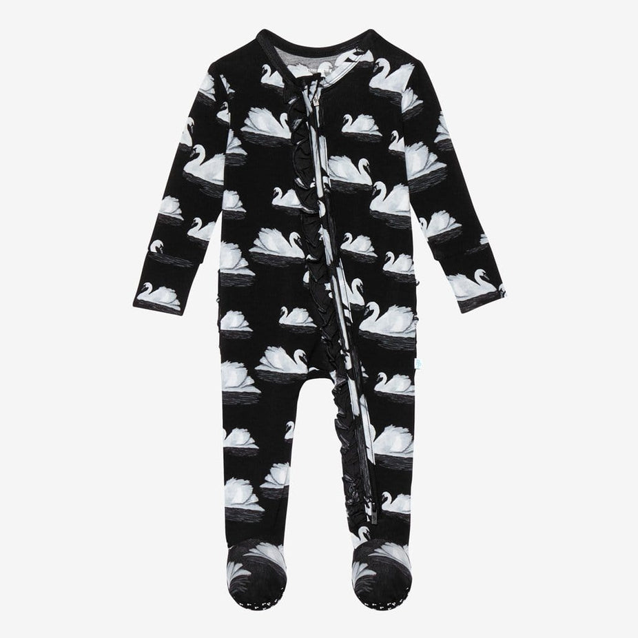 Leia Footie Ruffled Zippered One Piece with swan pattern