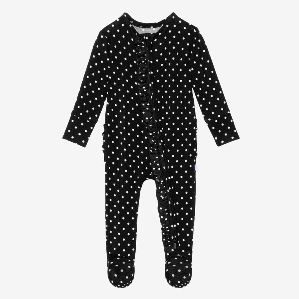 Lilly Footie Ruffled Zippered One Piece with polka dots pattern