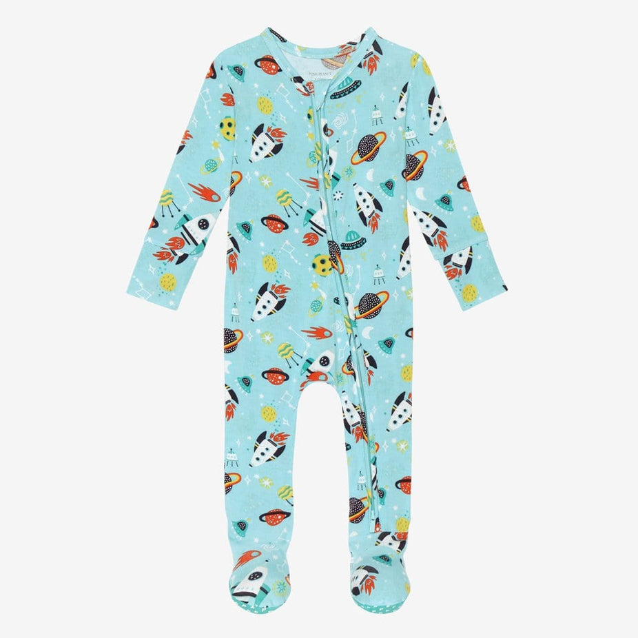Cosmo Footie Zippered One Piece with rocket and planet patterns