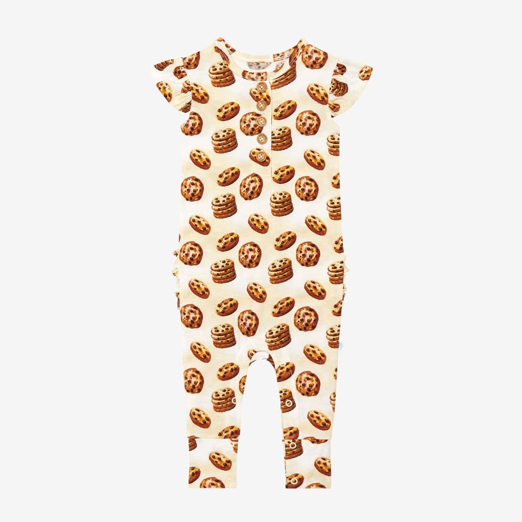 Chip Ruffled Cap Sleeve Henley Romper with cookie pattern
