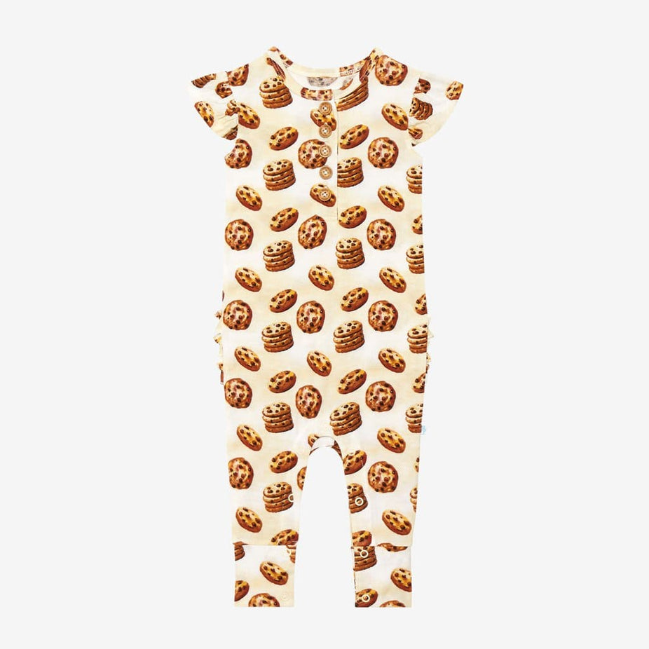 Chip Ruffled Cap Sleeve Henley Romper with cookie pattern