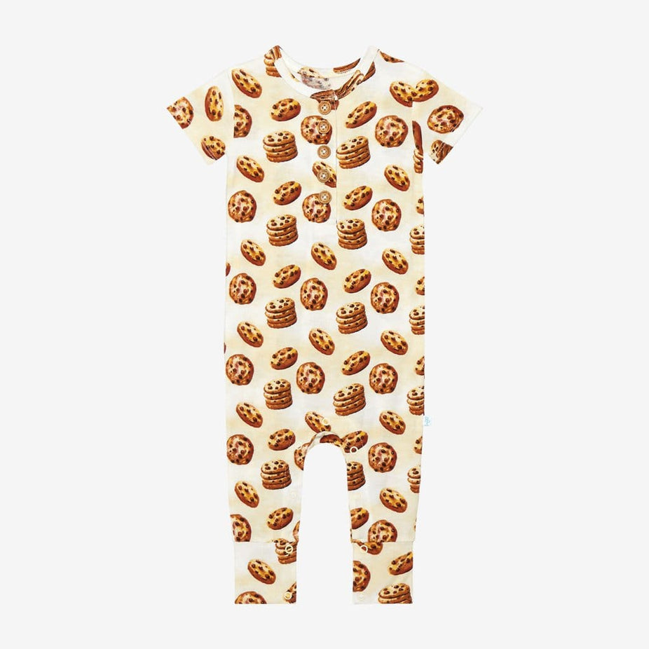 Chip Short Sleeve Henley Romper with cookie pattern