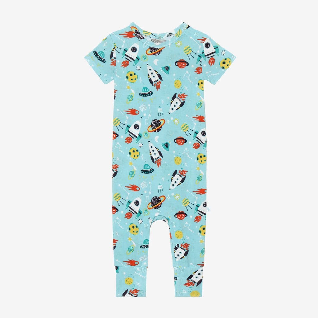 Cosmo Short Sleeve Romper with rocket and planet pattern