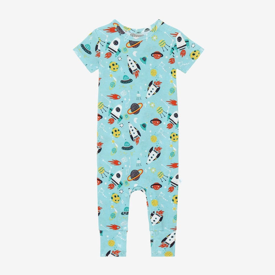 Cosmo Short Sleeve Romper with rocket and planet pattern