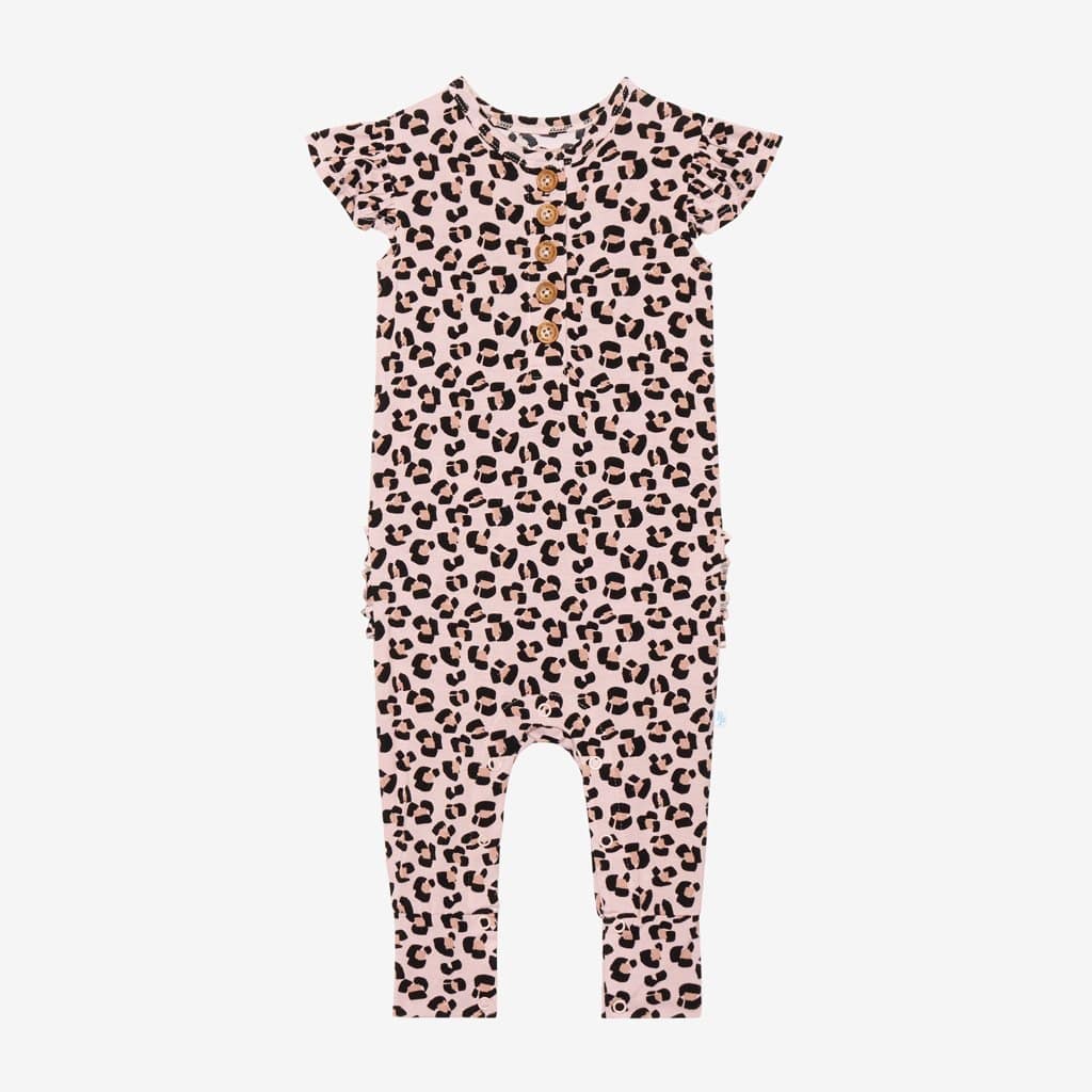 Samara Ruffled Cap Sleeve Henley Romper with jaguar pattern