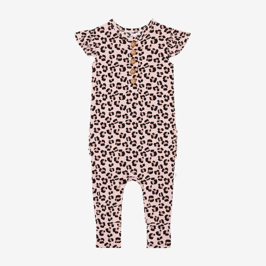 Samara Ruffled Cap Sleeve Henley Romper with jaguar pattern