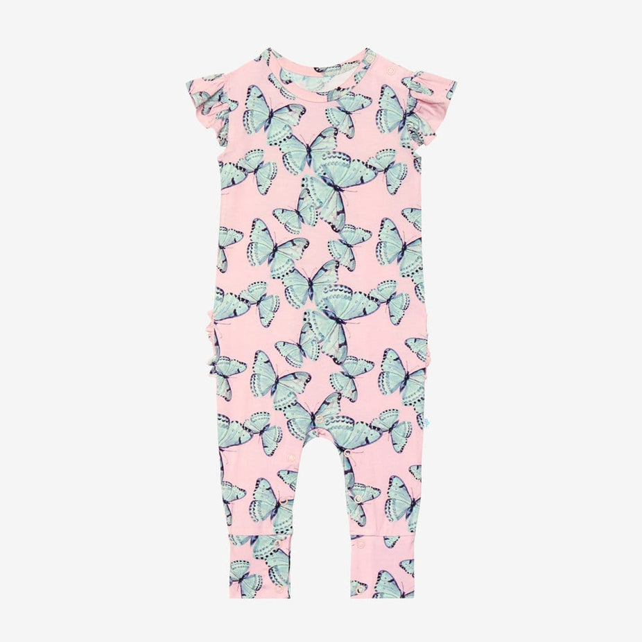 Beatrice Ruffled Cap Sleeve Romper with butterfly pattern