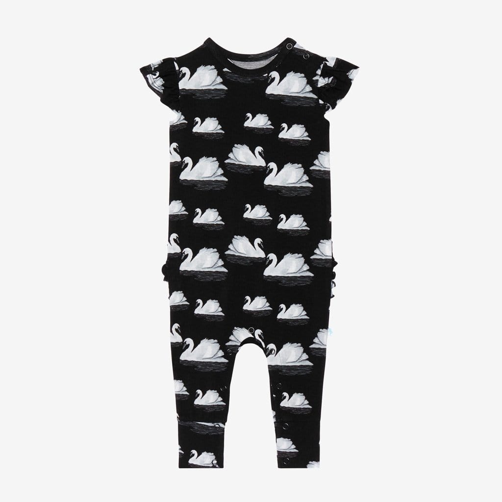 Leia Ruffled Cap Sleeve Romper with swan pattern