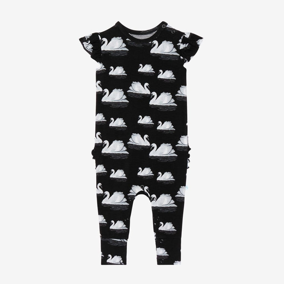 Leia Ruffled Cap Sleeve Romper with swan pattern