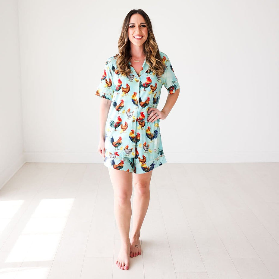 Mommy wearing Rhett Women's Short Luxe Loungewear with chicken print