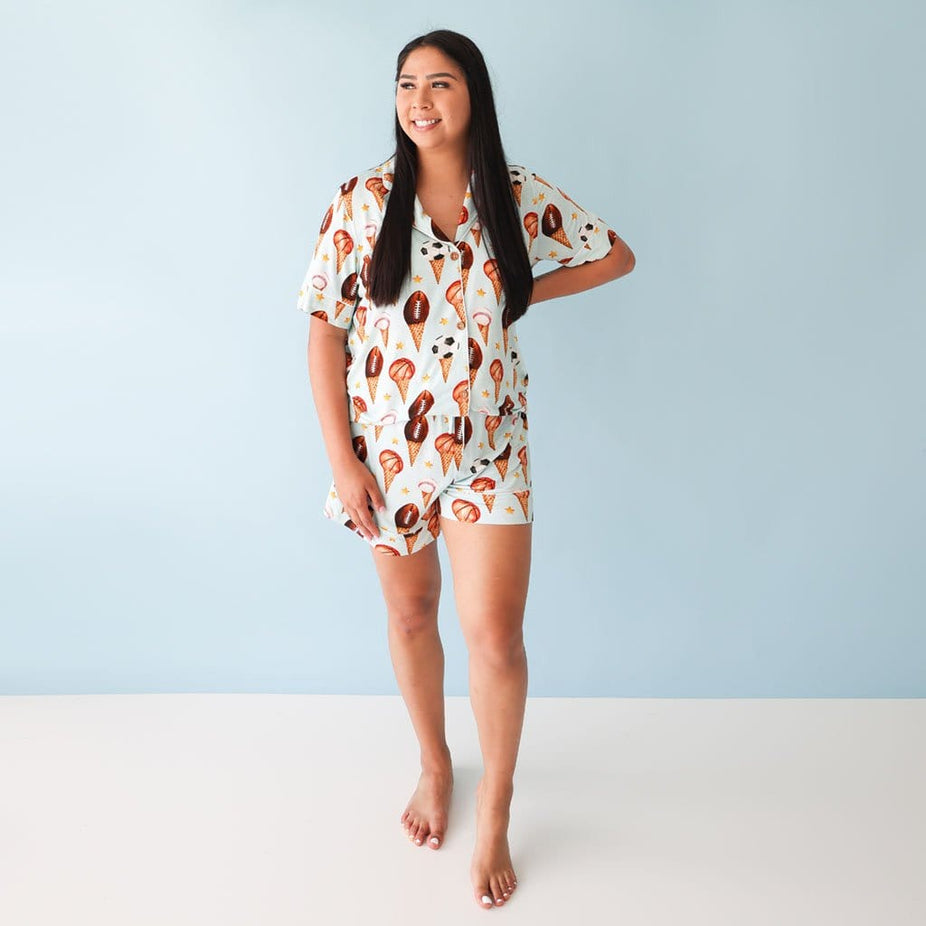 Mommy in Scoops Women's Short Luxe Loungewear in Basketball & Football print