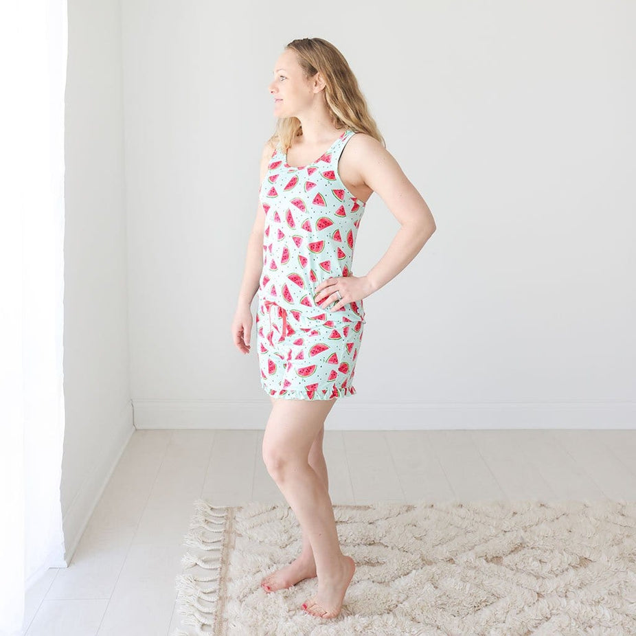 Mommy wearing Mellony Women's Sleeveless Short Loungewear in watermelon print