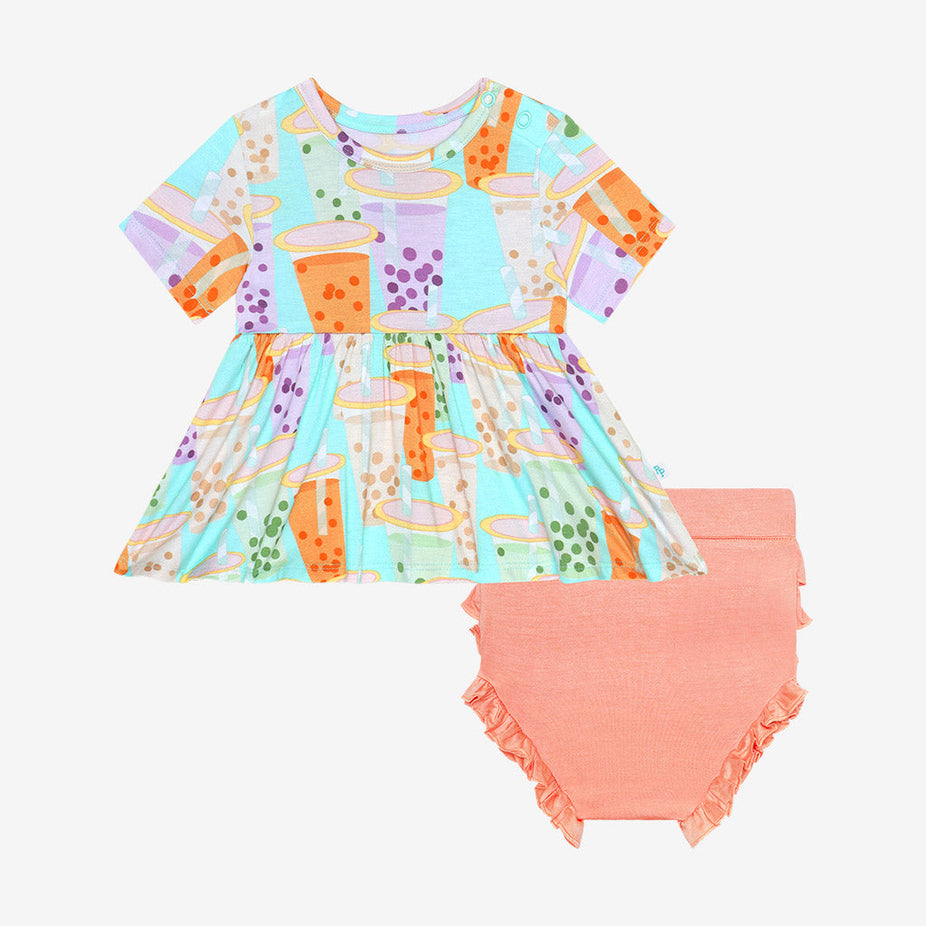 Boba Time Short Sleeve Peplum Ruffled Bummie Set