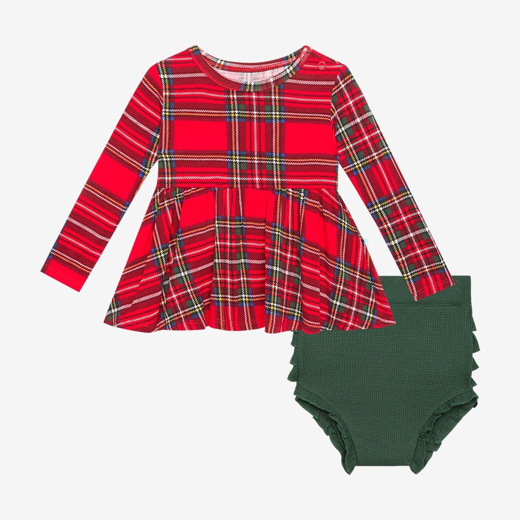 Vintage Red Tartan Long Sleeve Peplum Ruffled Bummie Set