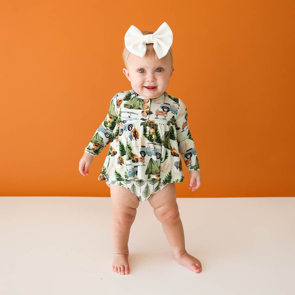 Baby in Peplum & Bummie | Camp Posh Peanut | Camping Toddler Two Piece Set