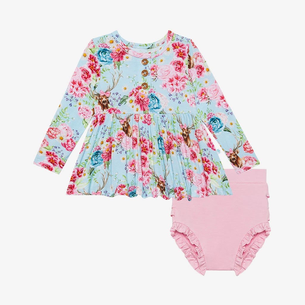 Fawn Long Sleeve Henley Peplum Ruffled Bummie Set