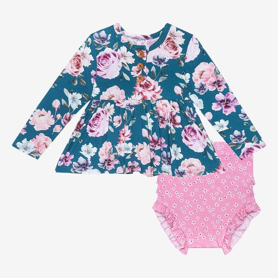 Keisha Long Sleeve Henley Peplum Ruffled Bummie Set
