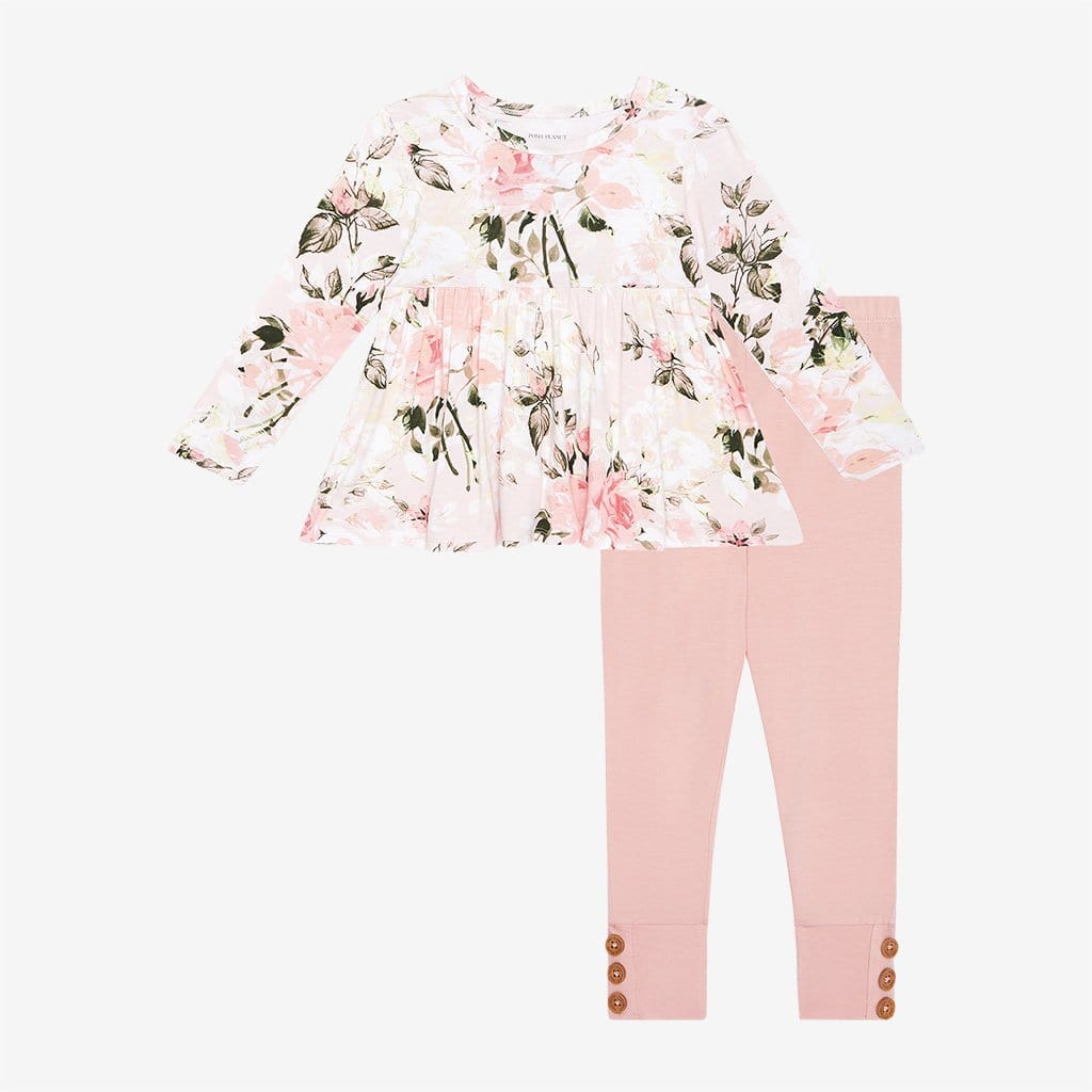 Vintage Pink Rose Long Sleeve Peplum Legging Set