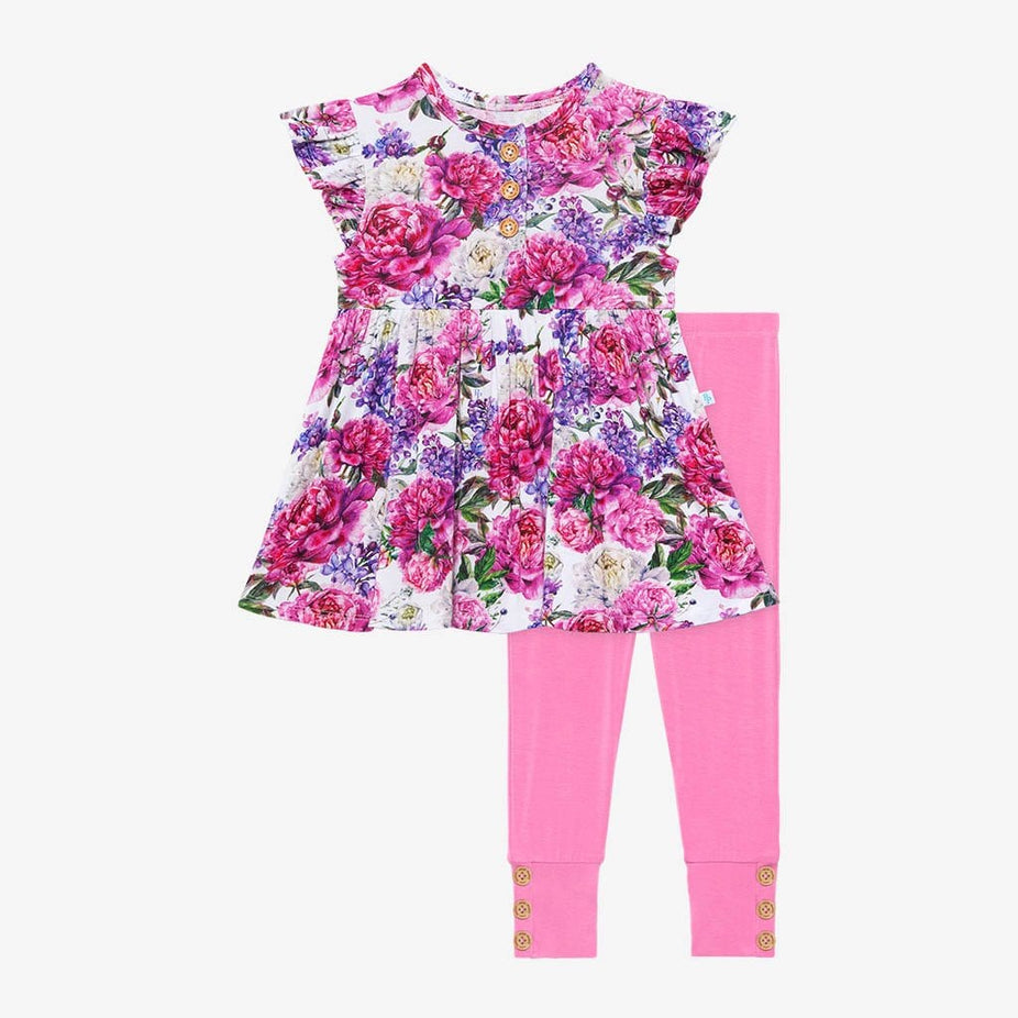 Floral Bella Ruffled Cap Sleeve Henley Peplum Legging Set