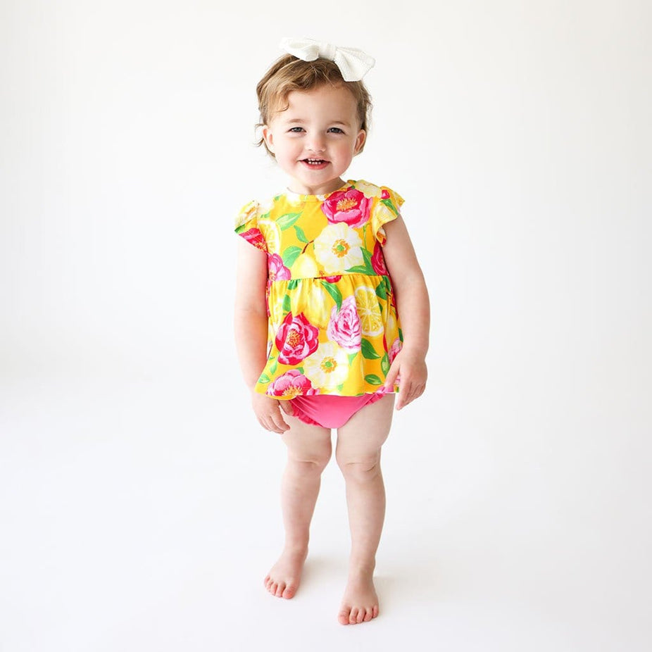 baby on Annika Ruffled Cap Sleeve Peplum Ruffled Bummie Set