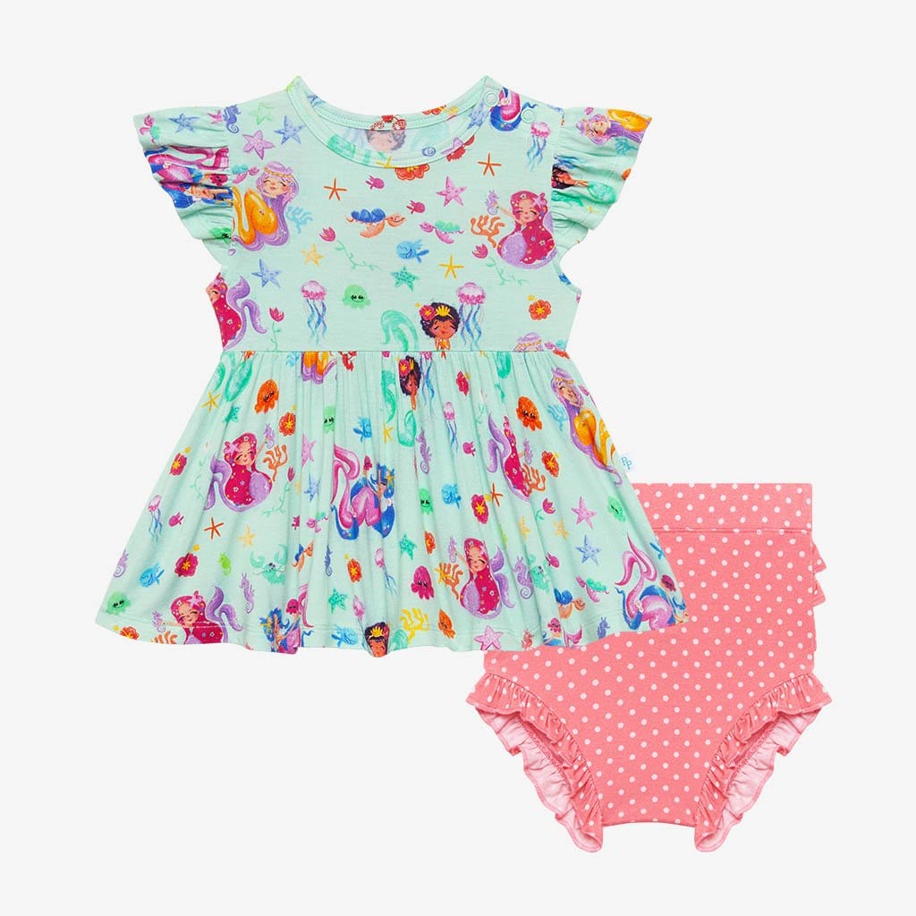 Kai Ruffled Cap Sleeve Peplum Ruffled Bummie Set in mermaid print