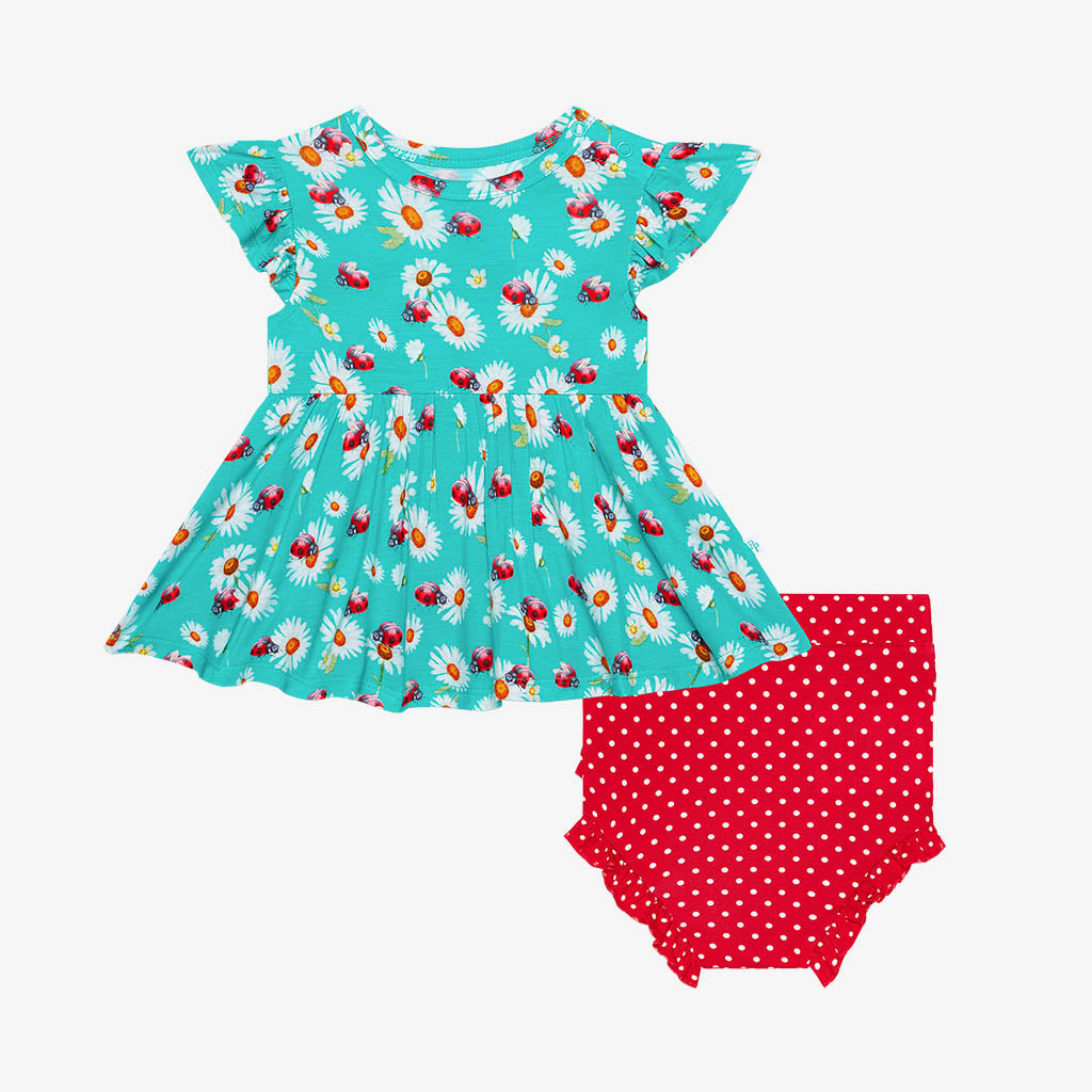 Ladybug Ruffled Cap Sleeve Peplum Ruffled Bummie Set